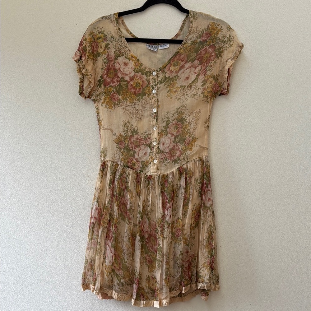 Bila Floral Mini Dress in Beige with Pink and Green Roses
